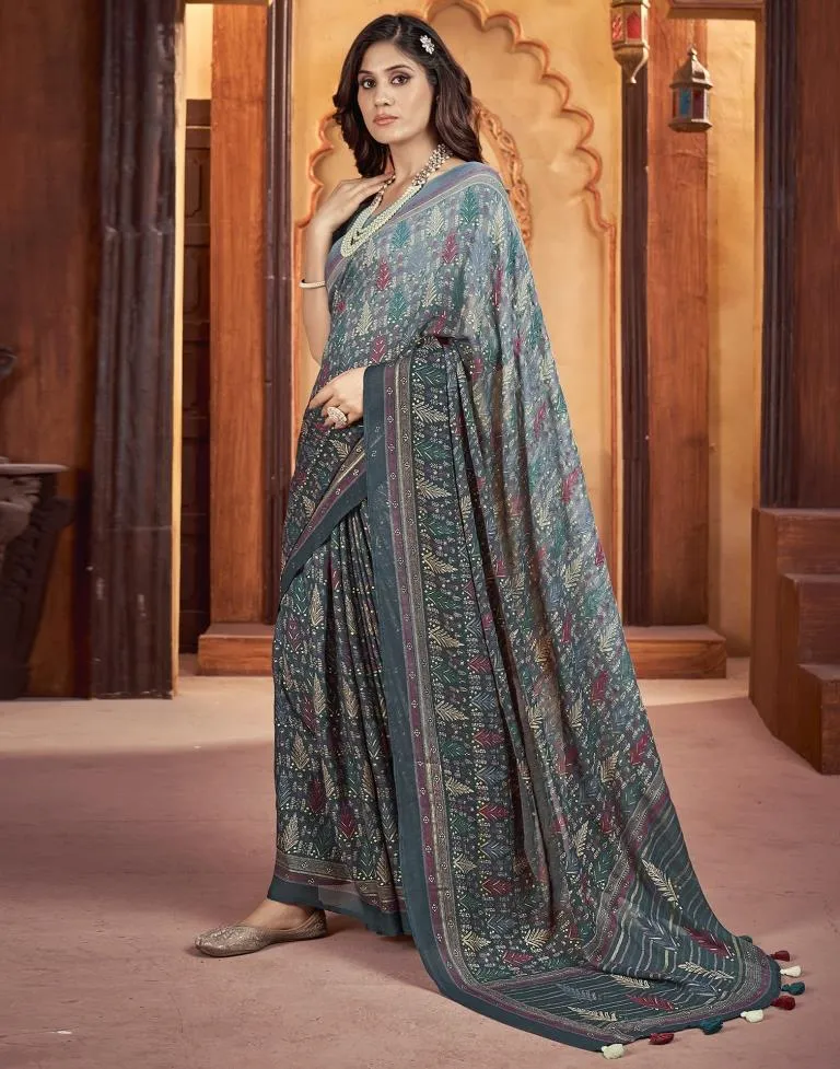 Dark Grey Georgette Printed Sarees