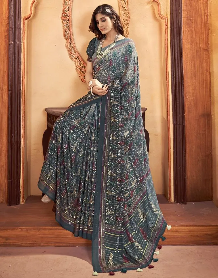 Dark Grey Georgette Printed Sarees