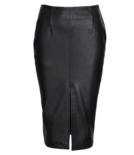 Deena Black Leather High Waist Midi Skirt - Pencil Skirt Style