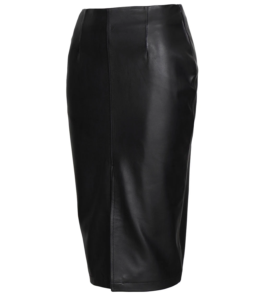 Deena Black Leather High Waist Midi Skirt - Pencil Skirt Style