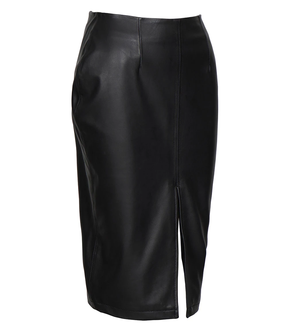 Deena Black Leather High Waist Midi Skirt - Pencil Skirt Style