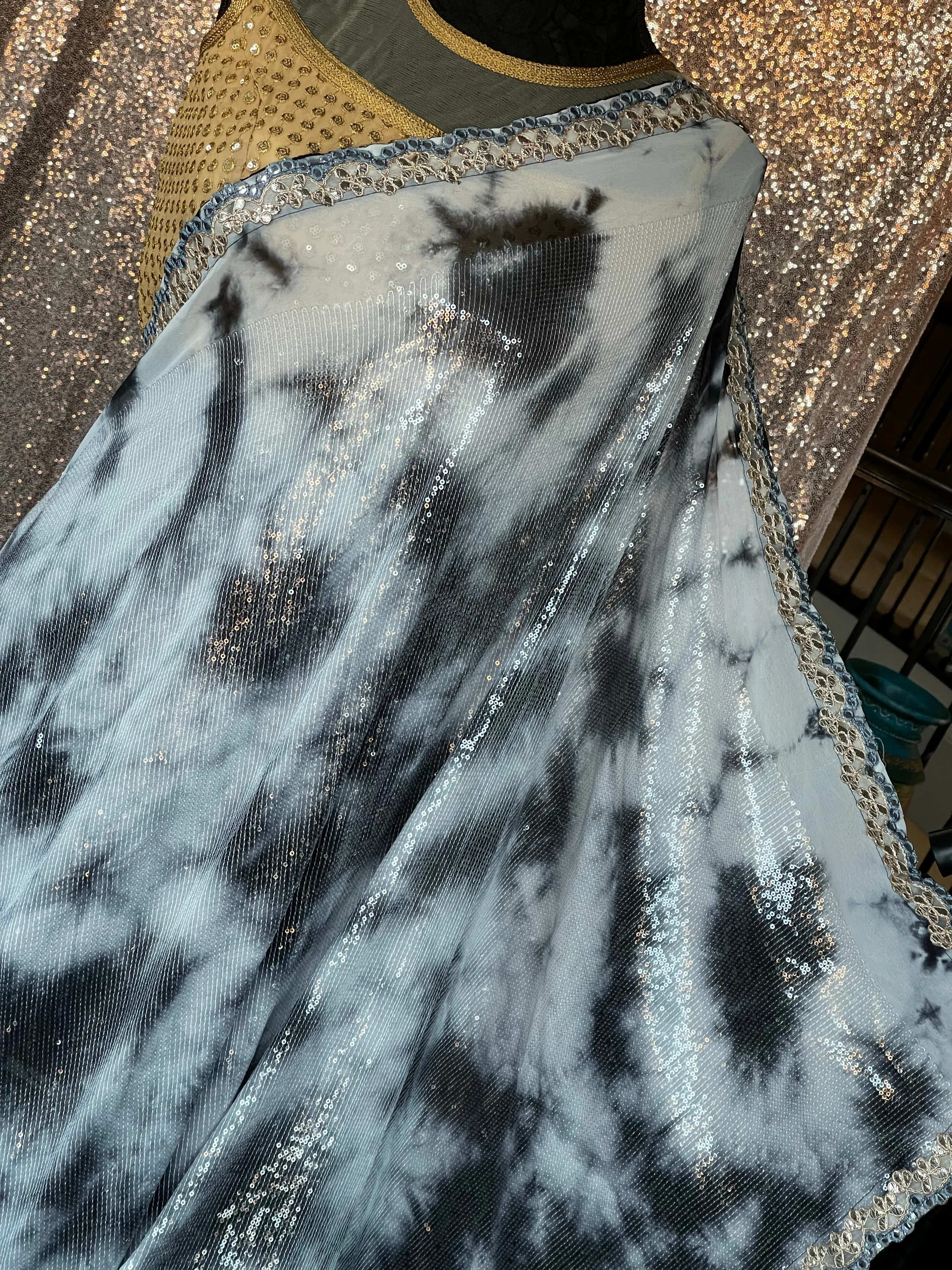 Designer Georgette Sequin Saree - Black White Tie Dye