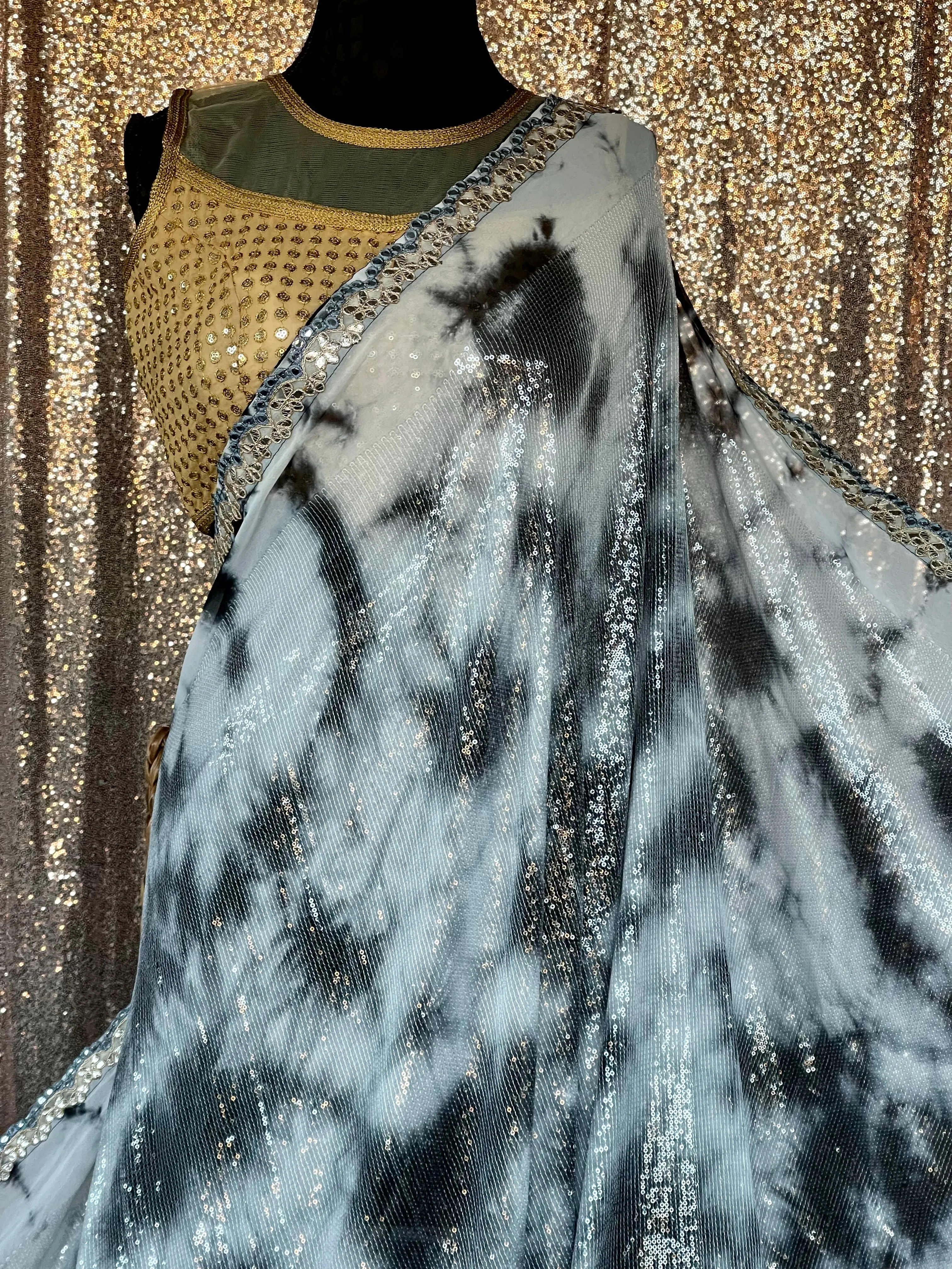 Designer Georgette Sequin Saree - Black White Tie Dye