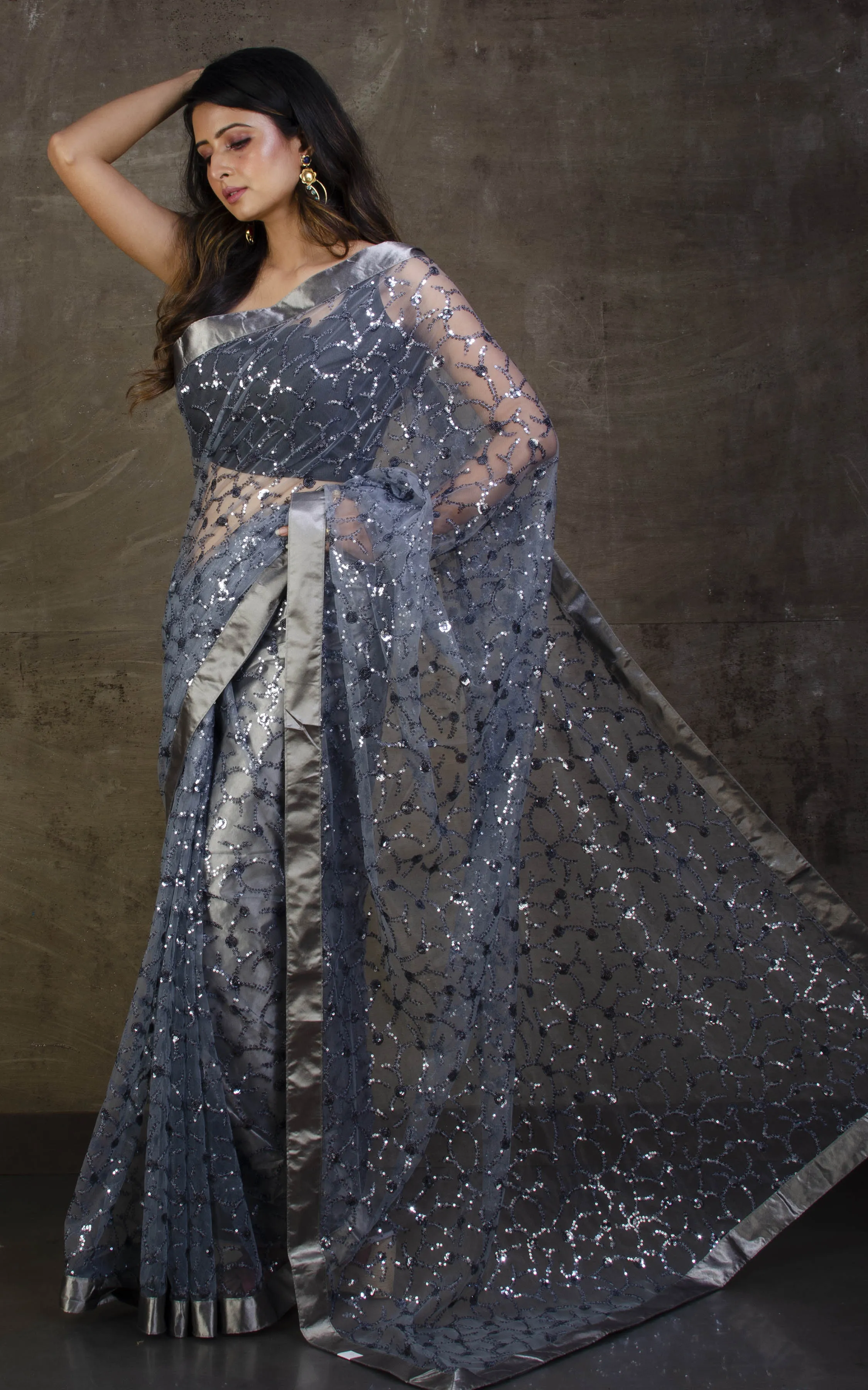 Designer Italian Net with Sequin Woven Bollywood Sarees in Pewter Grey