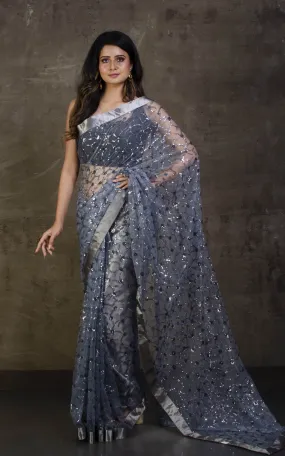 Designer Italian Net with Sequin Woven Bollywood Sarees in Pewter Grey