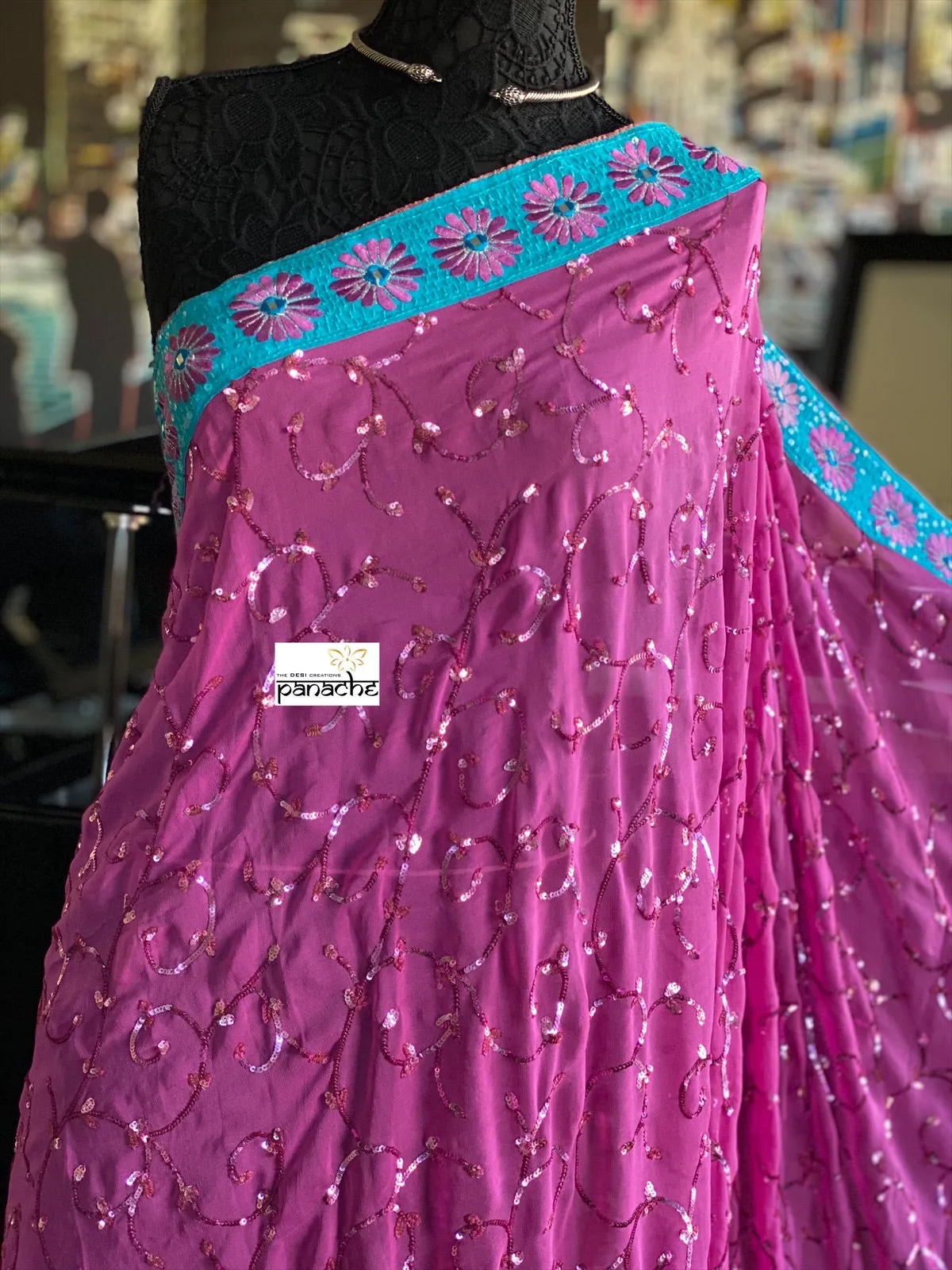 Designer Saree - Pink Firozi Embroidered