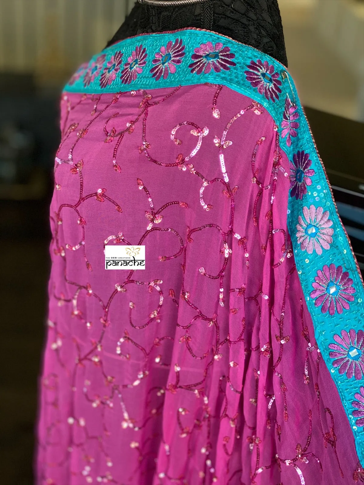 Designer Saree - Pink Firozi Embroidered