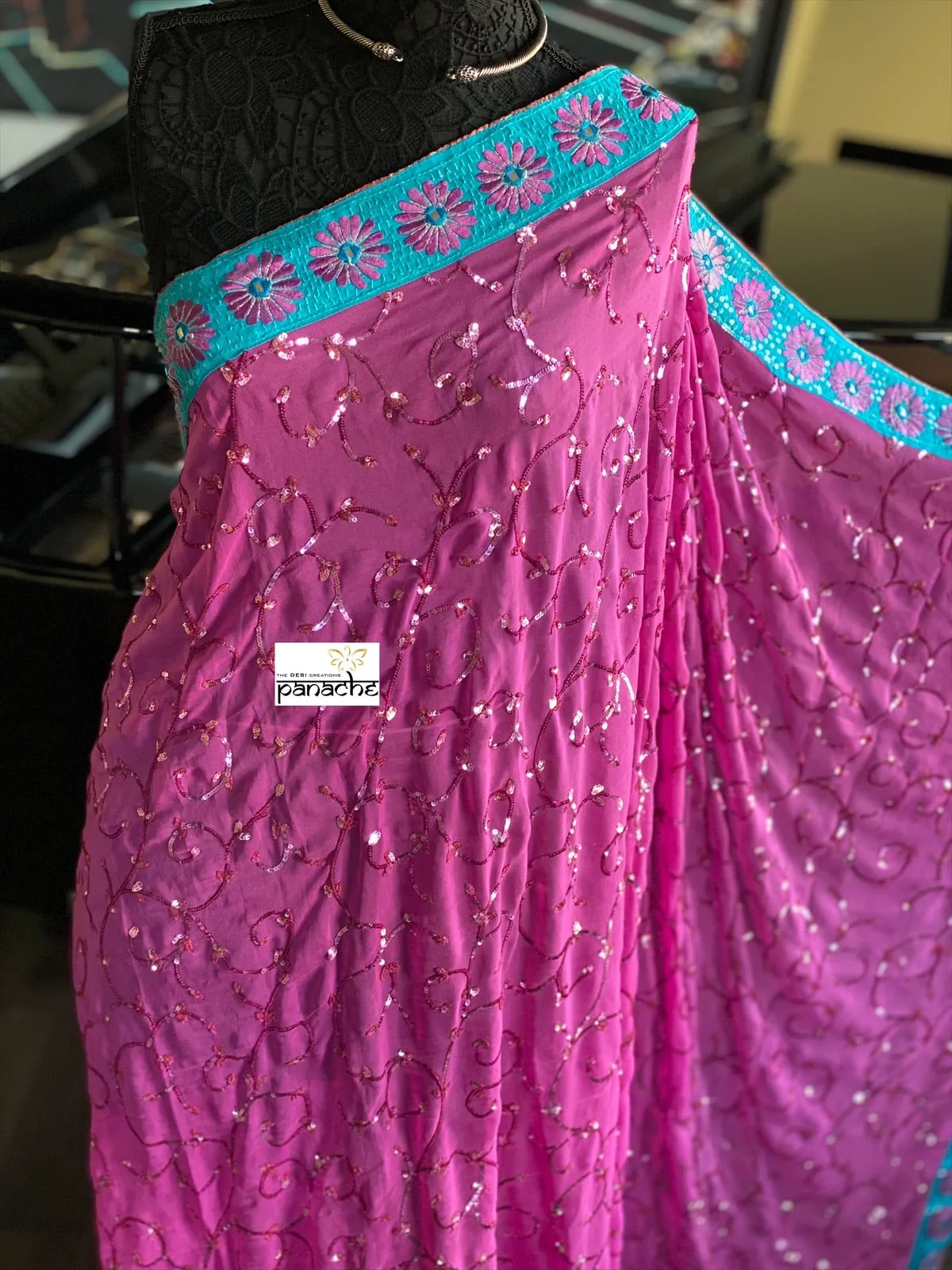 Designer Saree - Pink Firozi Embroidered