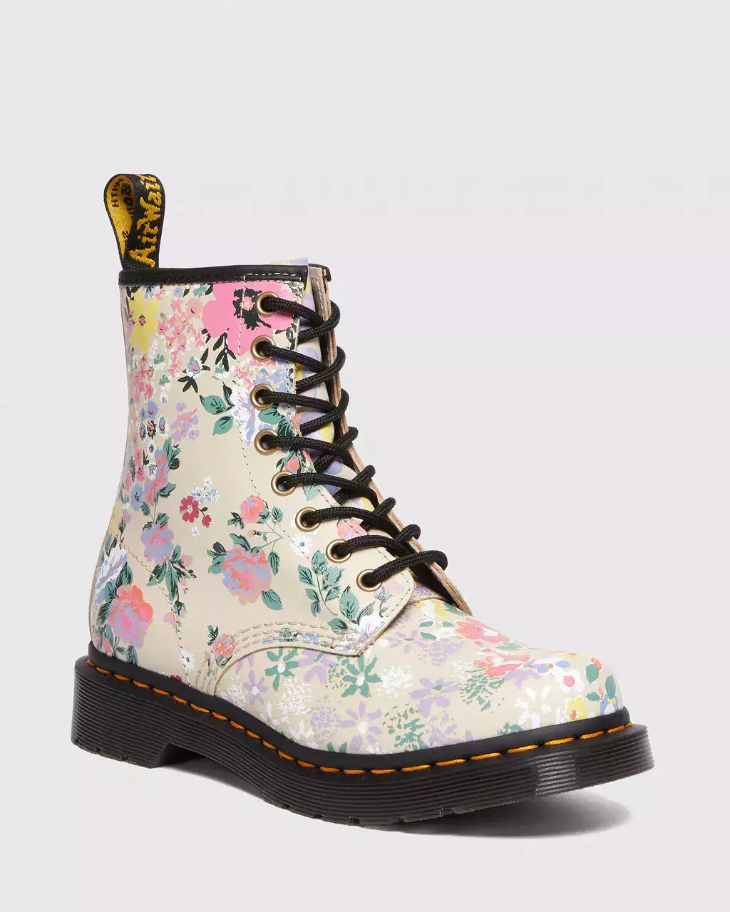 Doc Martens Women's 1460 FLORAL MASH UP LEATHER LACE UP BOOTS (PARCHMENT BEIGE PHANTOM FLORAL SHADOW BACKHAND)