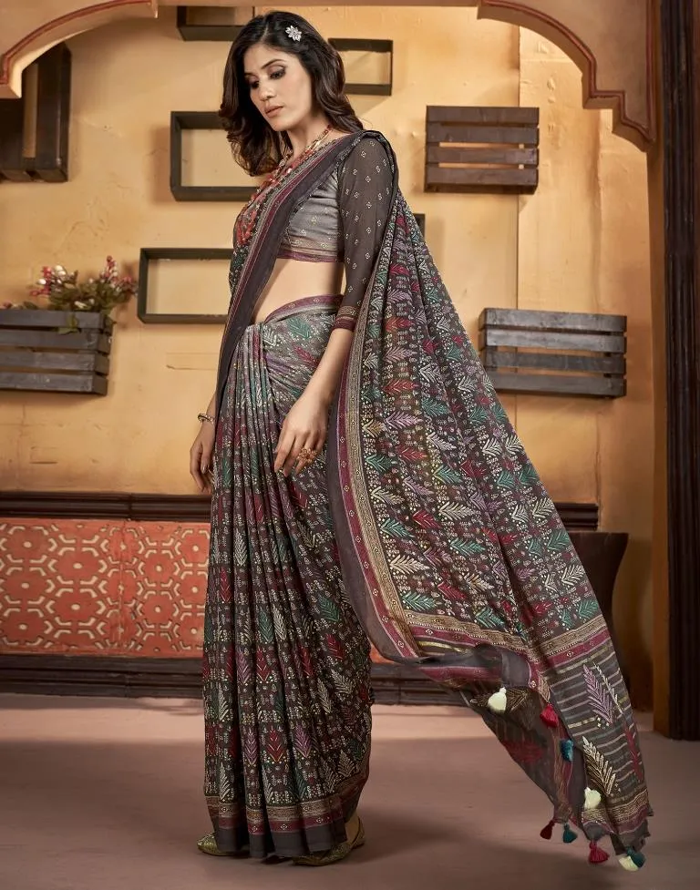 Dusty Wine Georgette Printed Sarees