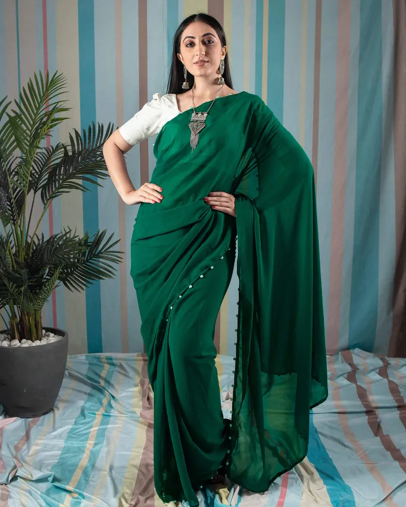 Grass Green Plain Georgette Saree With Potli Tassles