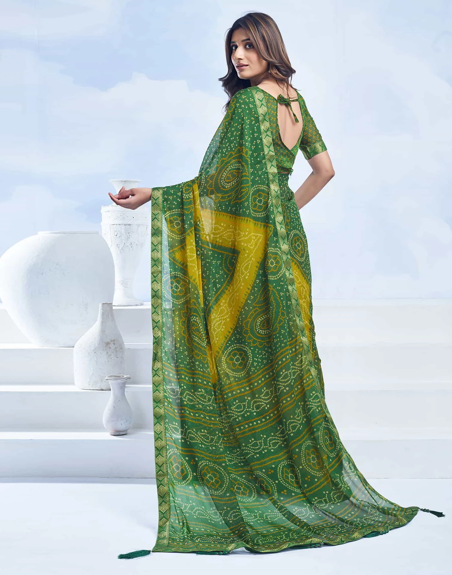 Green Bandhani Chiffon Saree