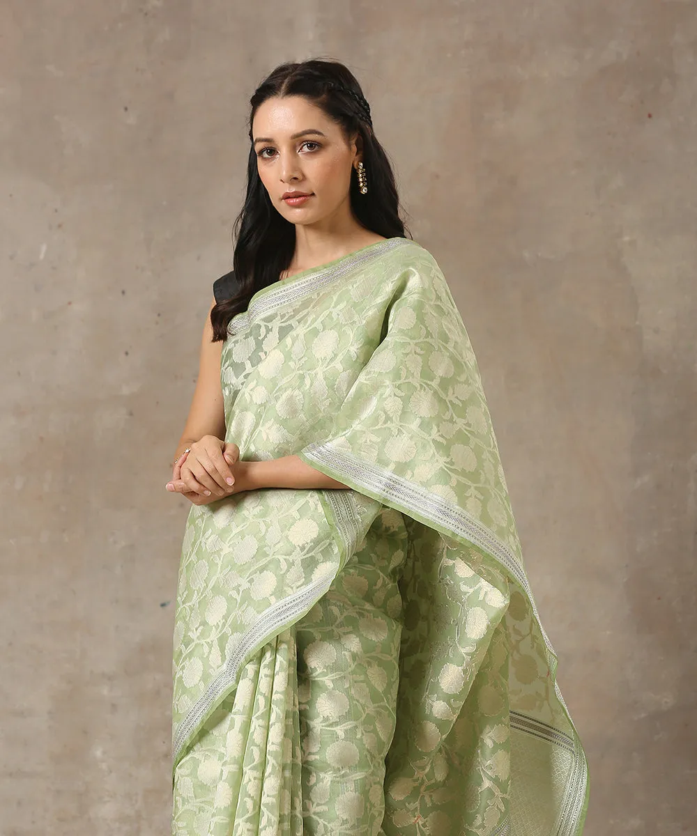 Green Handloom Cotton Kora Banarasi Saree With Cutwork Jangla Design