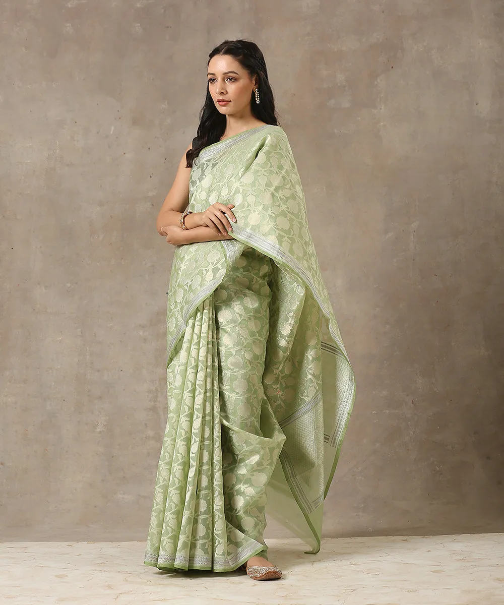 Green Handloom Cotton Kora Banarasi Saree With Cutwork Jangla Design