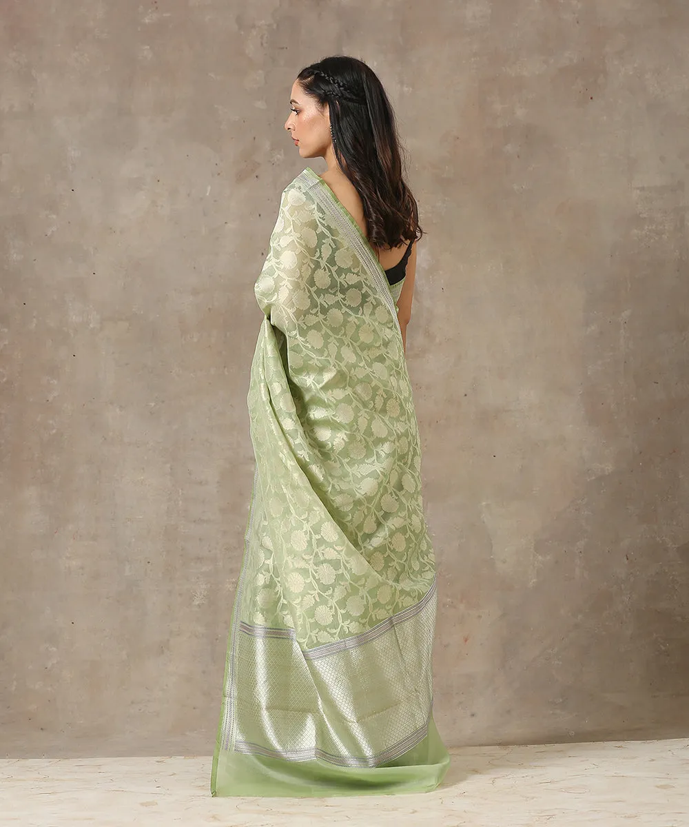 Green Handloom Cotton Kora Banarasi Saree With Cutwork Jangla Design