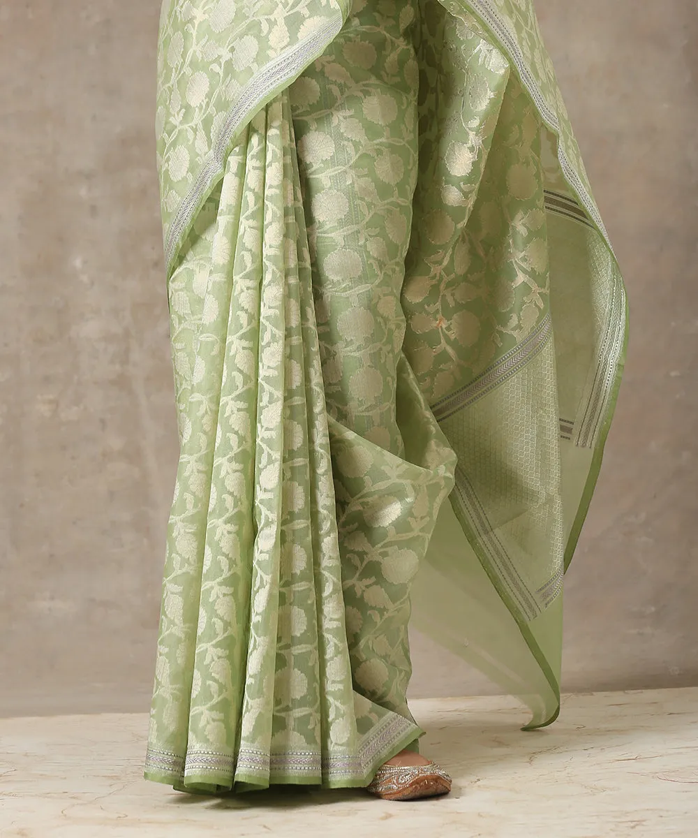 Green Handloom Cotton Kora Banarasi Saree With Cutwork Jangla Design