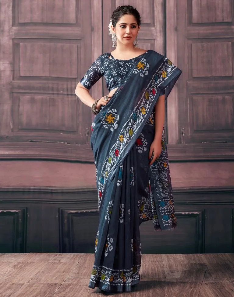 Grey Cotton Printed Sarees