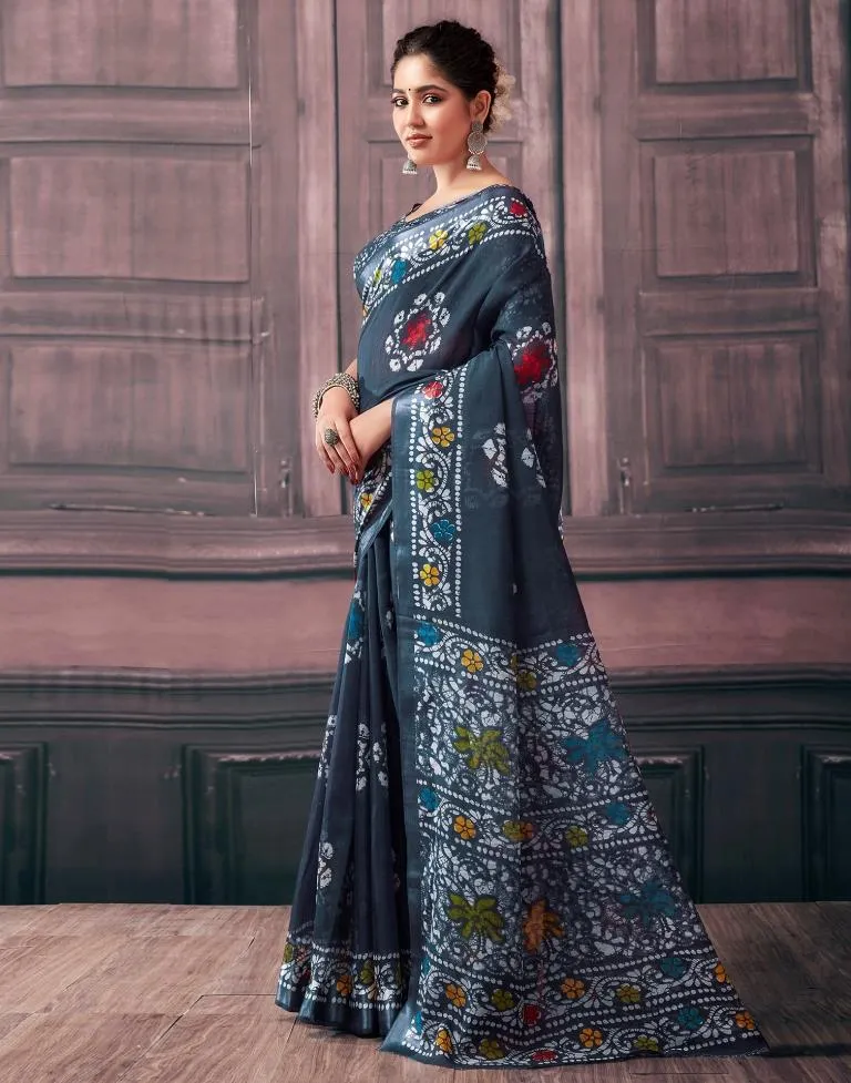 Grey Cotton Printed Sarees