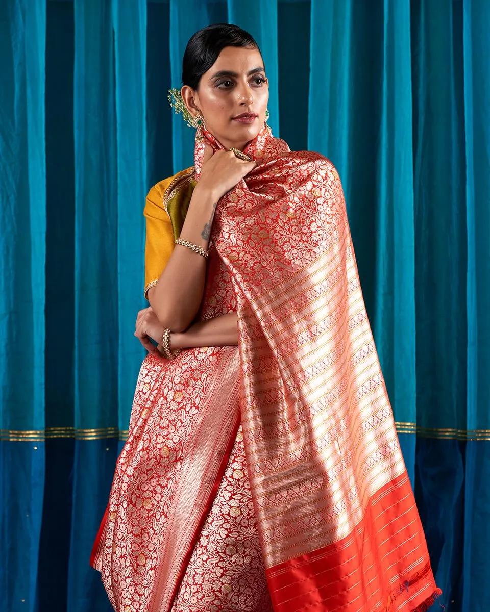 Handloom Bridal Red Pure Katan Silk Kimkhab Banarasi Saree with Meenakari