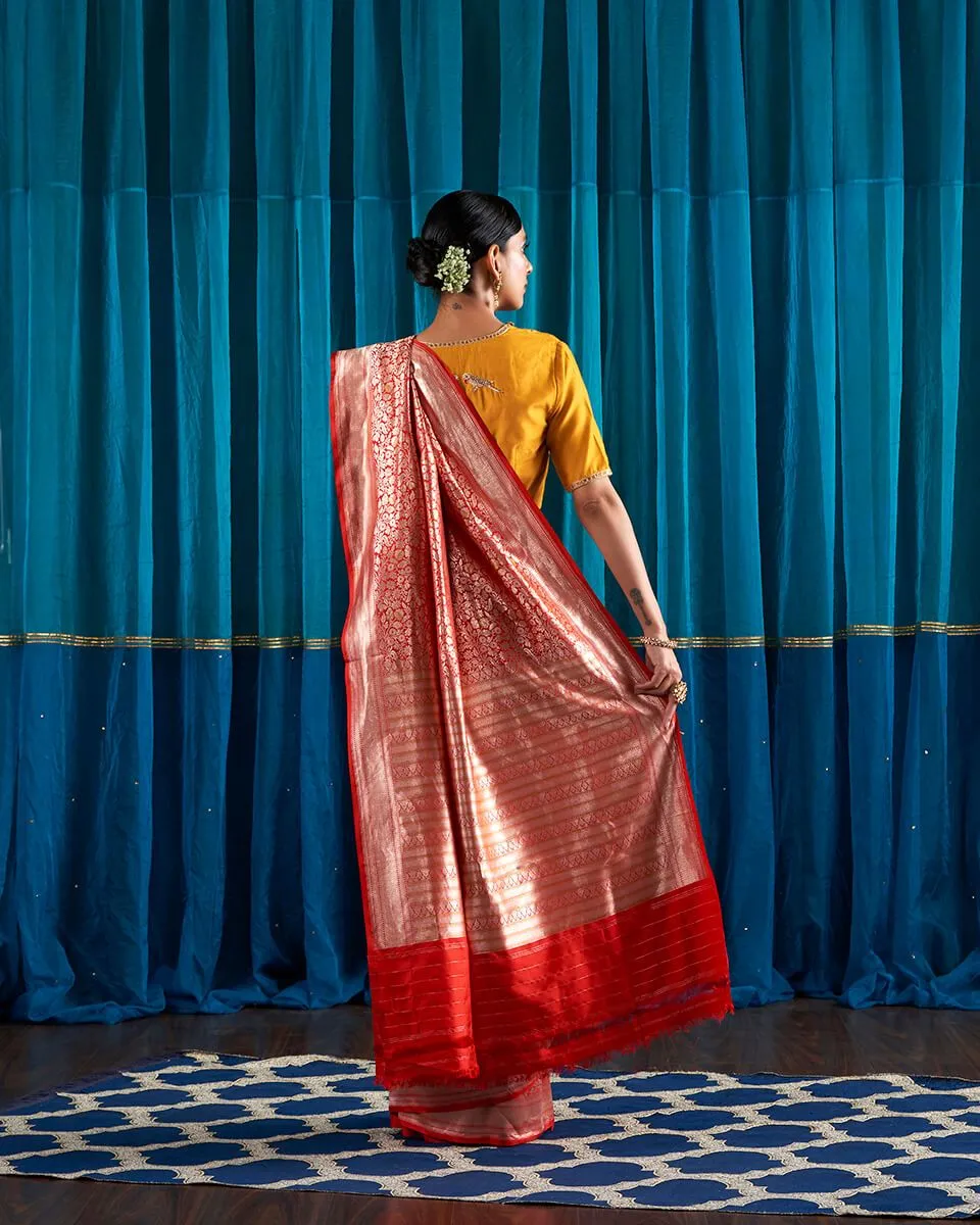 Handloom Bridal Red Pure Katan Silk Kimkhab Banarasi Saree with Meenakari