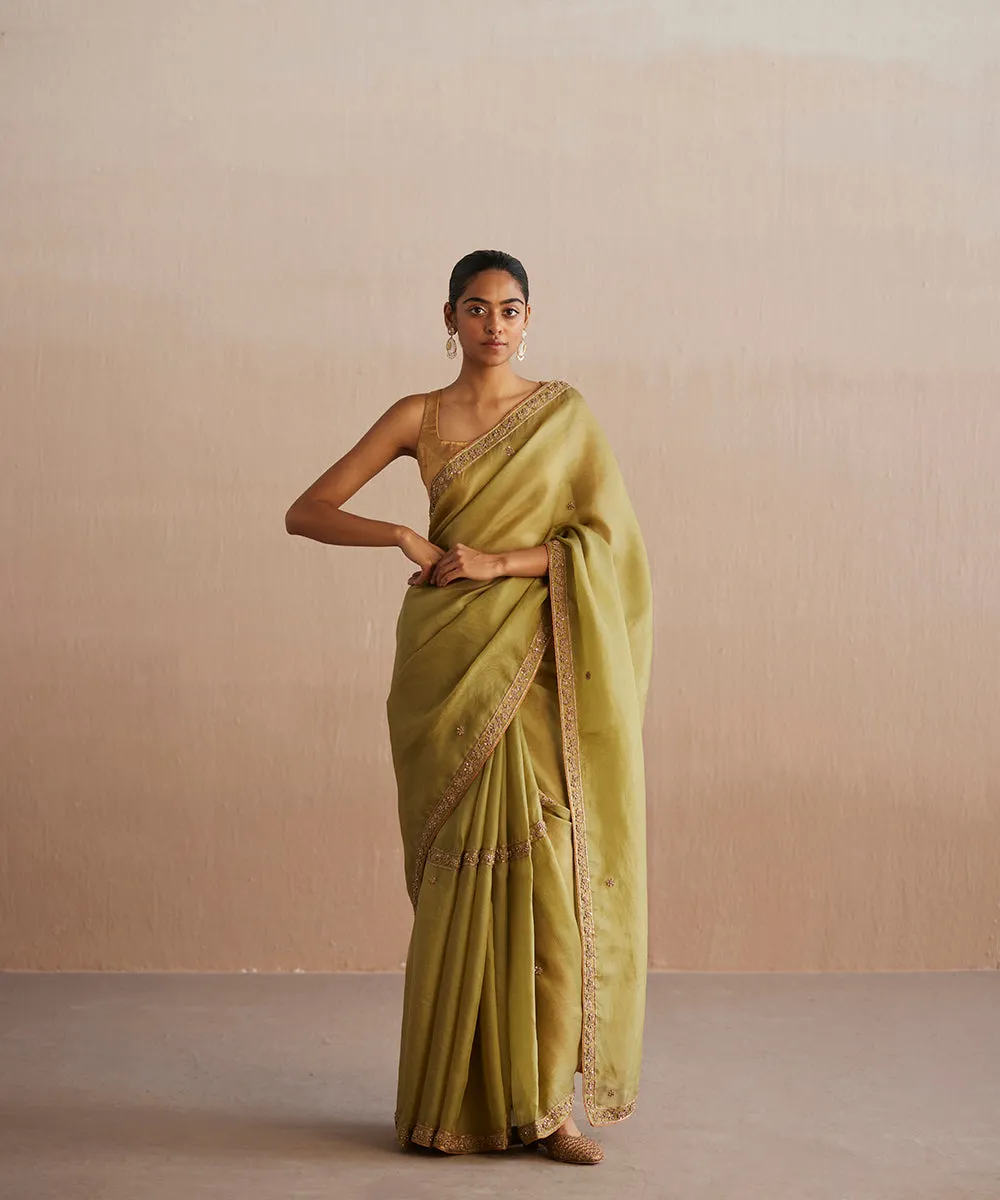 Handloom Chartreuse Green Organza Saree With Embroidered Zardozi Floral Border