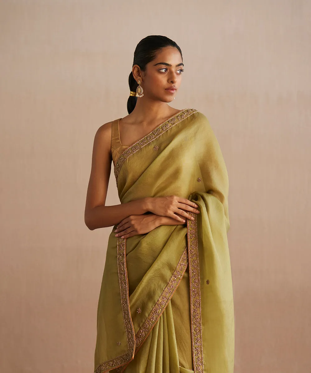 Handloom Chartreuse Green Organza Saree With Embroidered Zardozi Floral Border