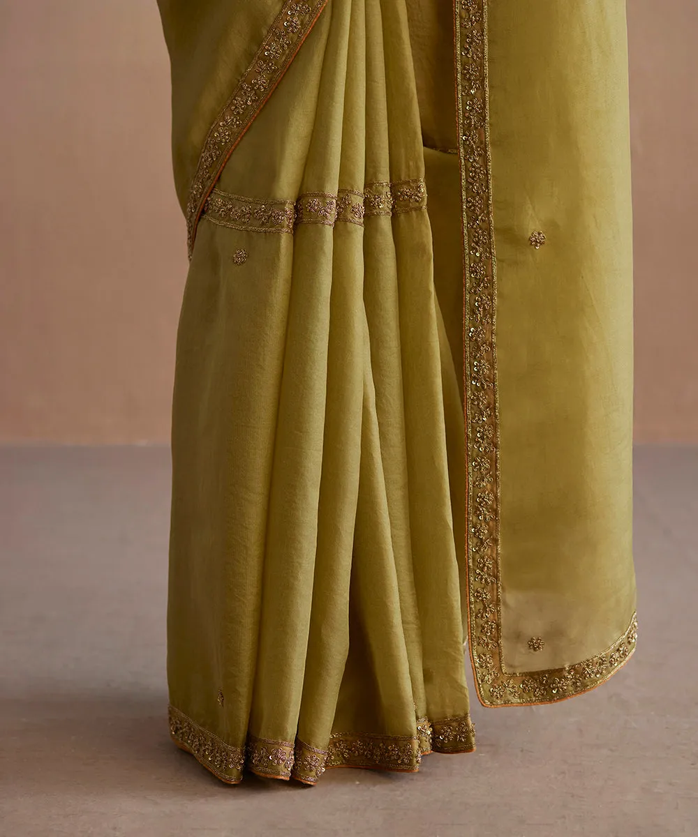 Handloom Chartreuse Green Organza Saree With Embroidered Zardozi Floral Border