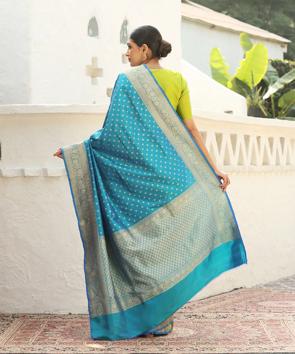 Handloom Cobalt Blue Double Shade Pure Katan Silk Banarasi Saree With Booti