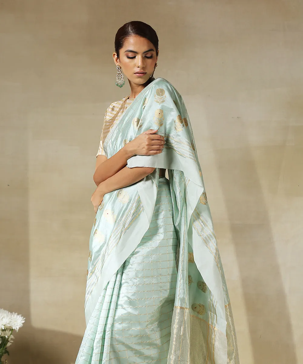 Handloom Light Green Chanderi Silk Saree With Zari Checks And Flower Motifs