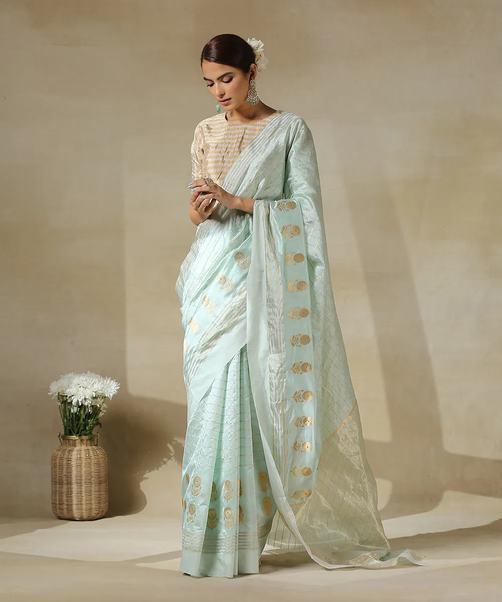 Handloom Light Green Chanderi Silk Saree With Zari Checks And Flower Motifs