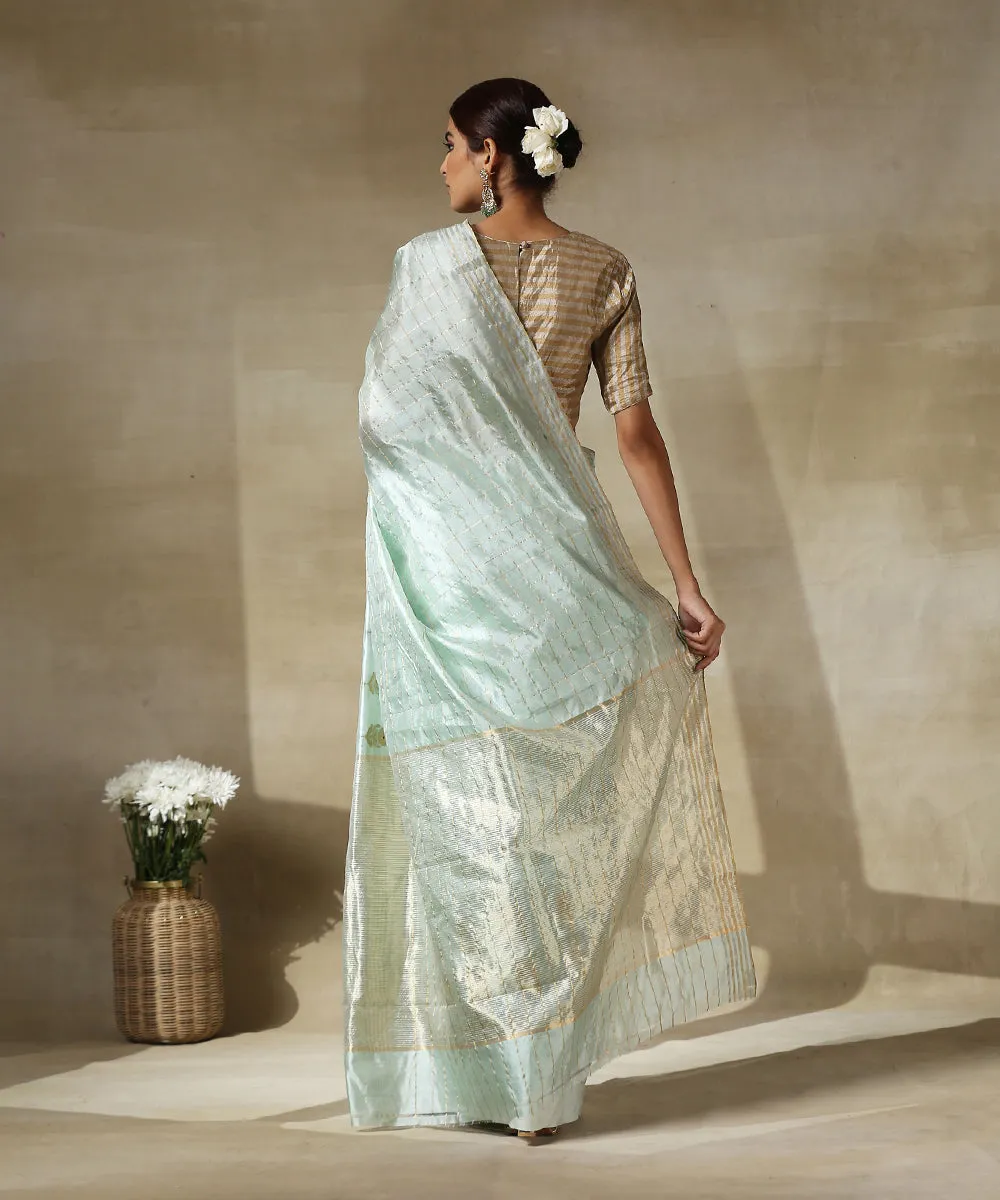 Handloom Light Green Chanderi Silk Saree With Zari Checks And Flower Motifs