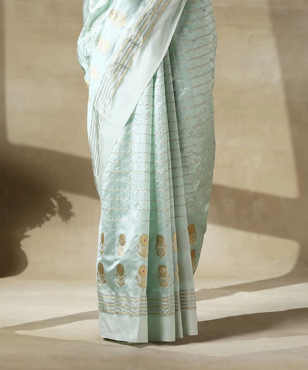 Handloom Light Green Chanderi Silk Saree With Zari Checks And Flower Motifs