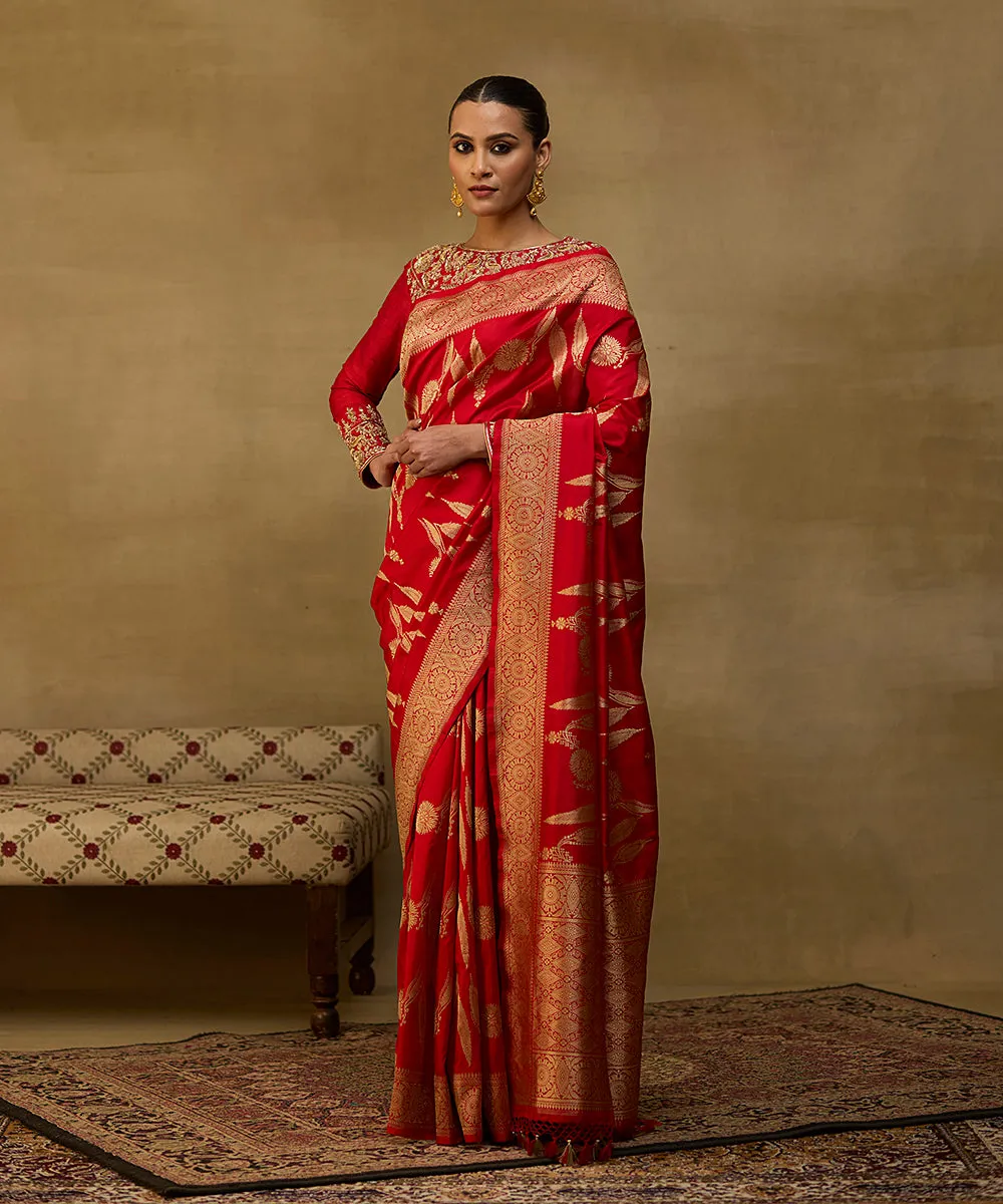 Handloom Red Pure Katan Silk Banarasi Saree With Jaal And Bhutta Motif