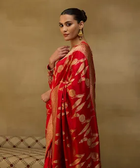 Handloom Red Pure Katan Silk Banarasi Saree With Jaal And Bhutta Motif