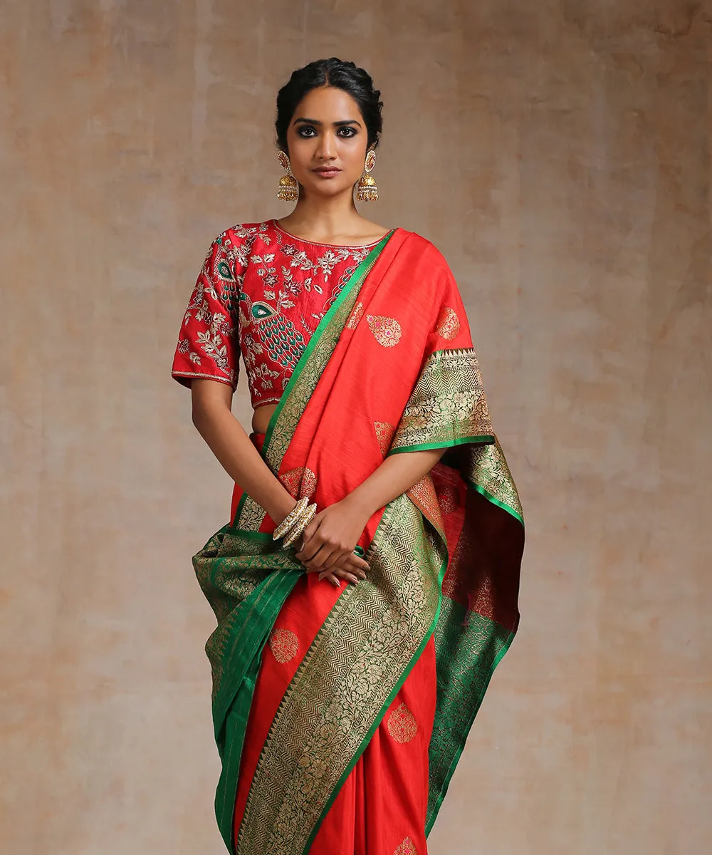 Handloom Red Tussar Silk Banarasi Saree With Green Border