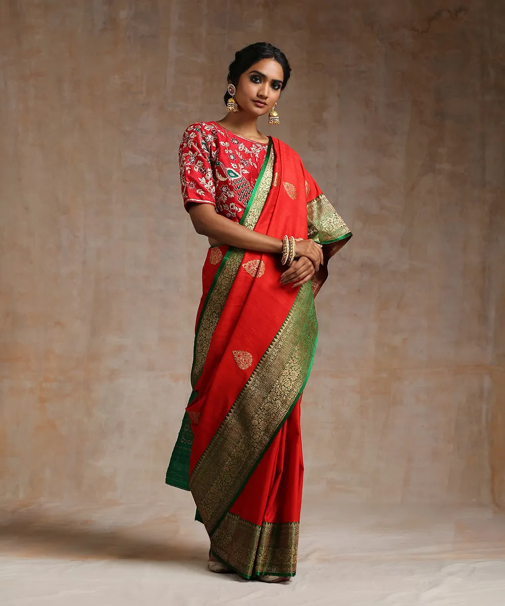 Handloom Red Tussar Silk Banarasi Saree With Green Border