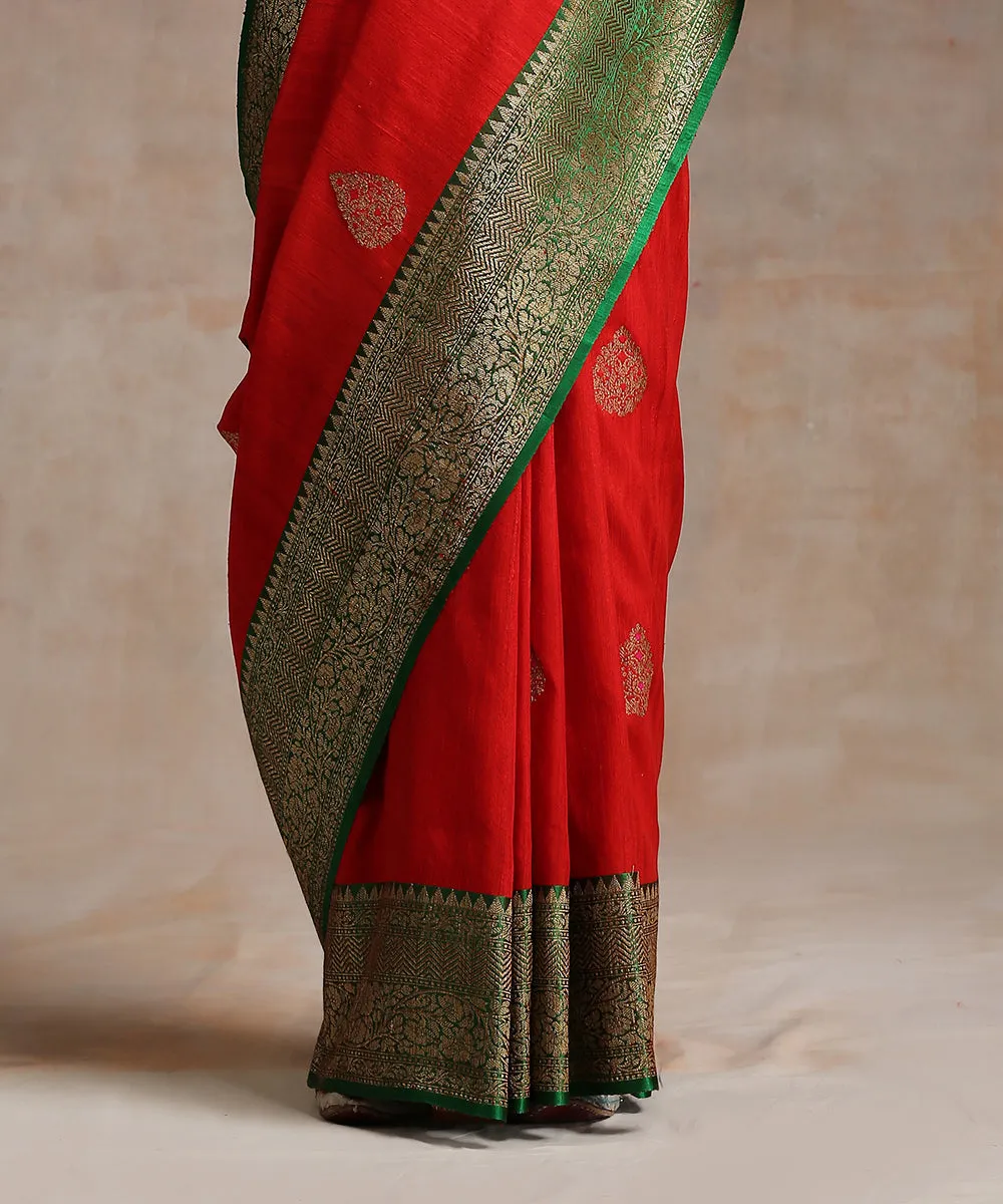 Handloom Red Tussar Silk Banarasi Saree With Green Border