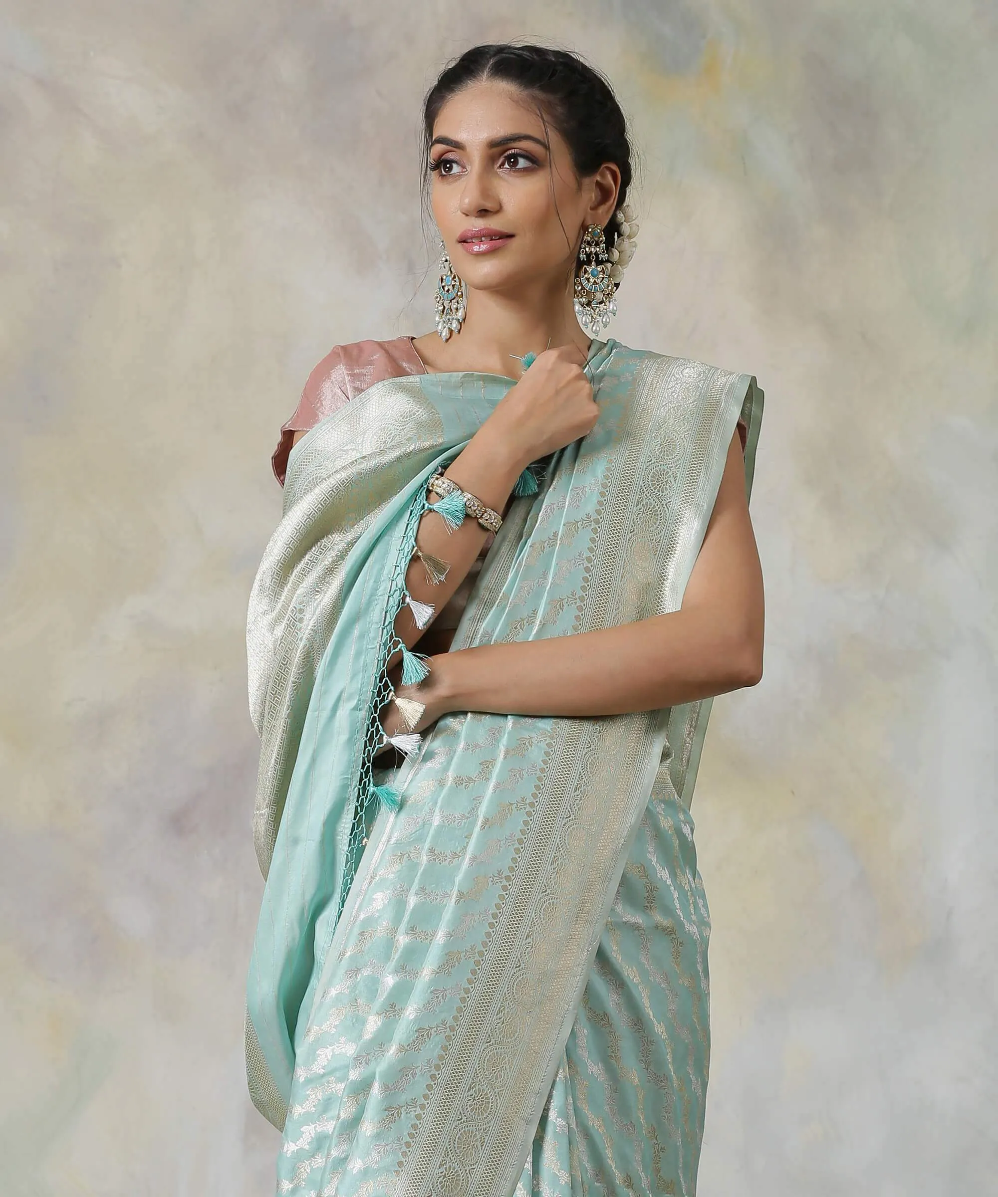 Handloom Sky Blue Banarasi Silk Saree with Sona Rupa Leheriya