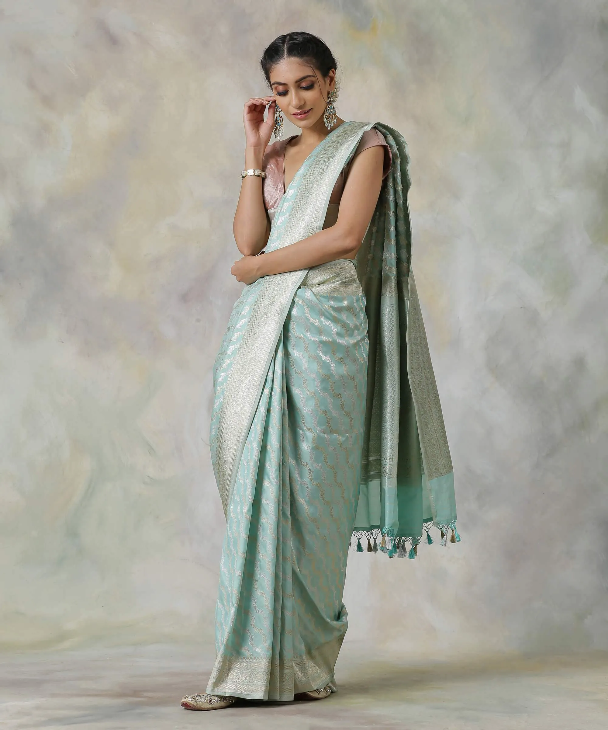 Handloom Sky Blue Banarasi Silk Saree with Sona Rupa Leheriya