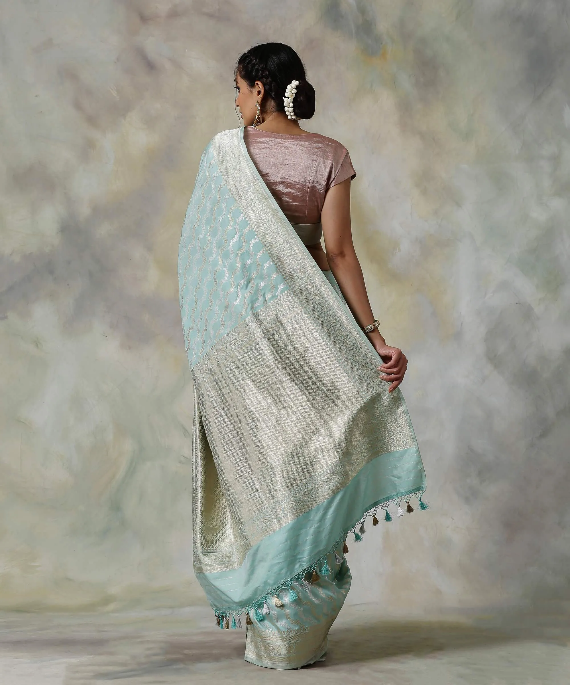 Handloom Sky Blue Banarasi Silk Saree with Sona Rupa Leheriya