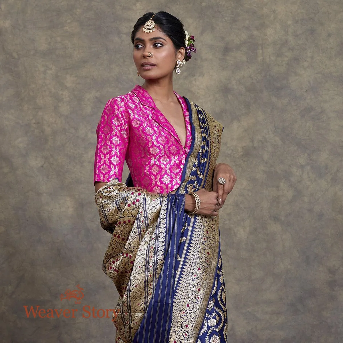 Handwoven Dark Blue Fine Zari Katan Jangla Saree