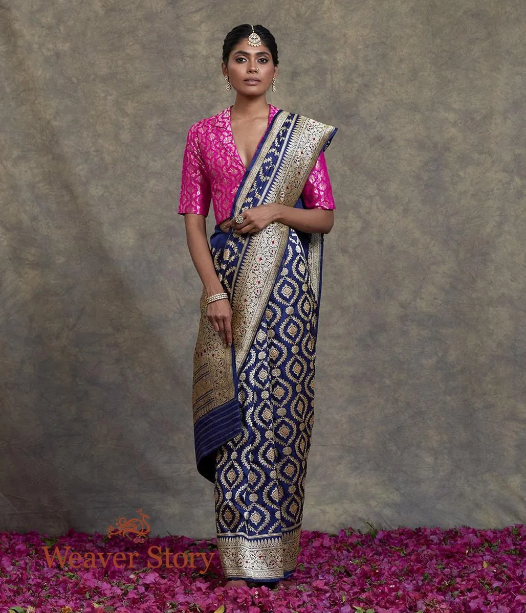 Handwoven Dark Blue Fine Zari Katan Jangla Saree