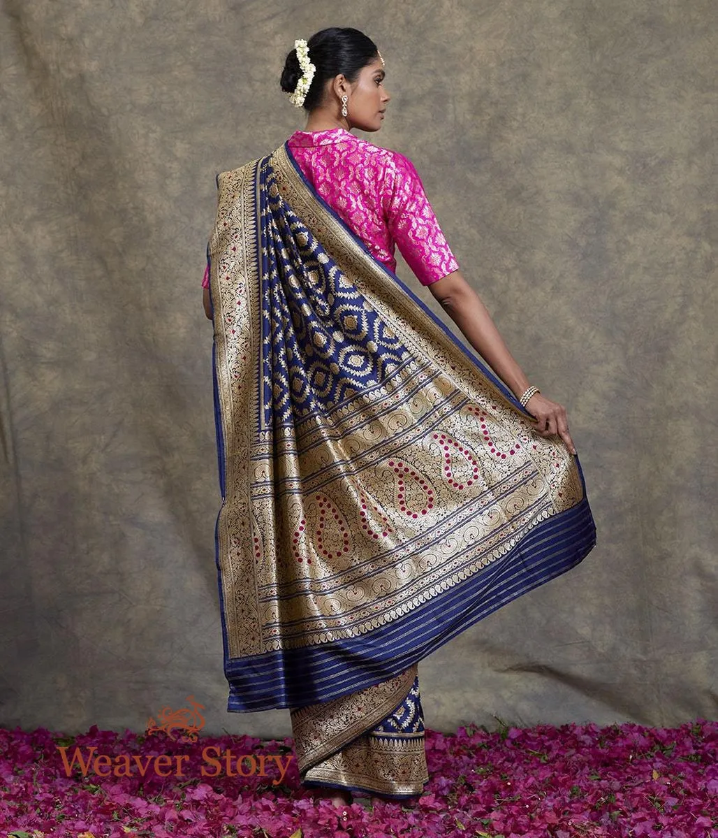 Handwoven Dark Blue Fine Zari Katan Jangla Saree