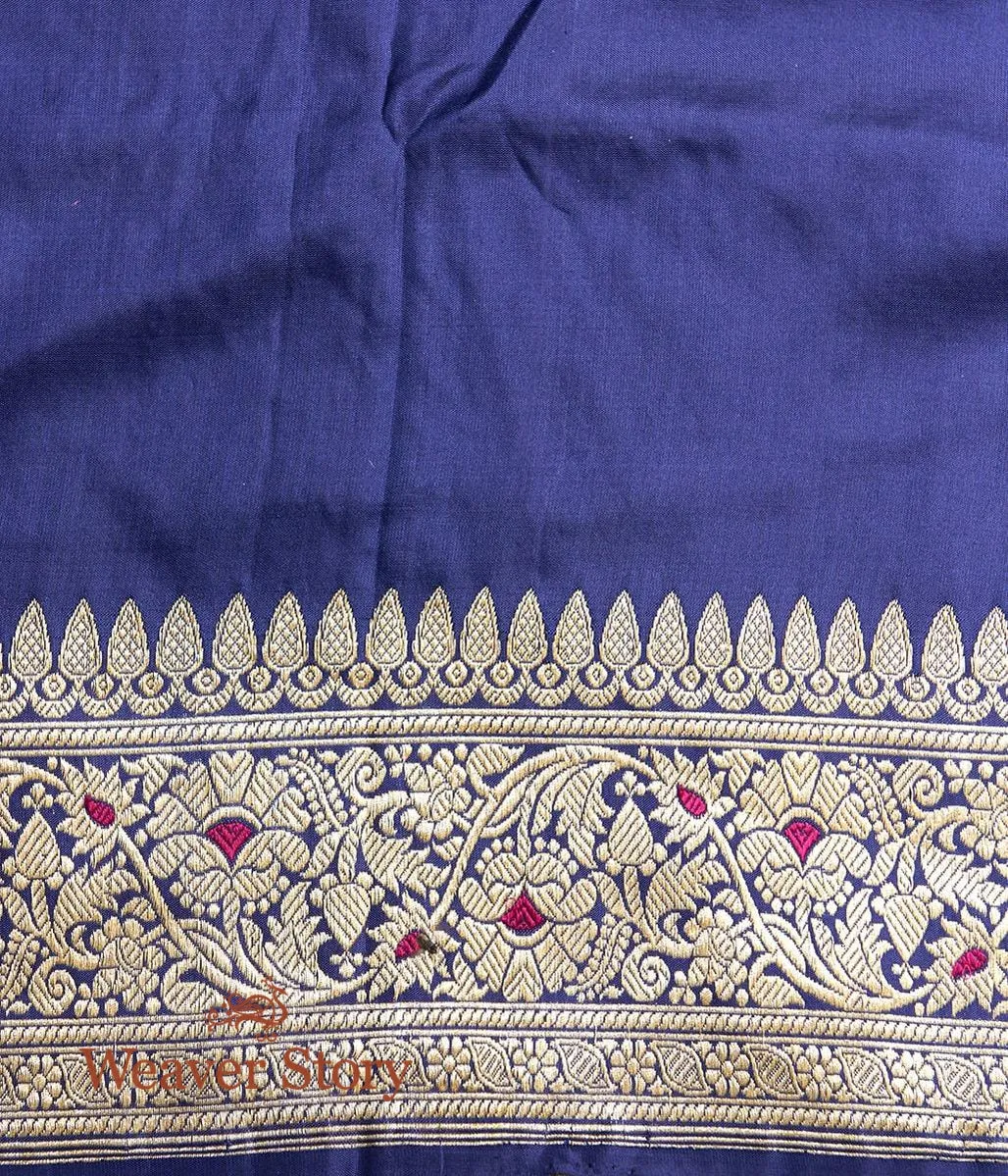 Handwoven Dark Blue Fine Zari Katan Jangla Saree