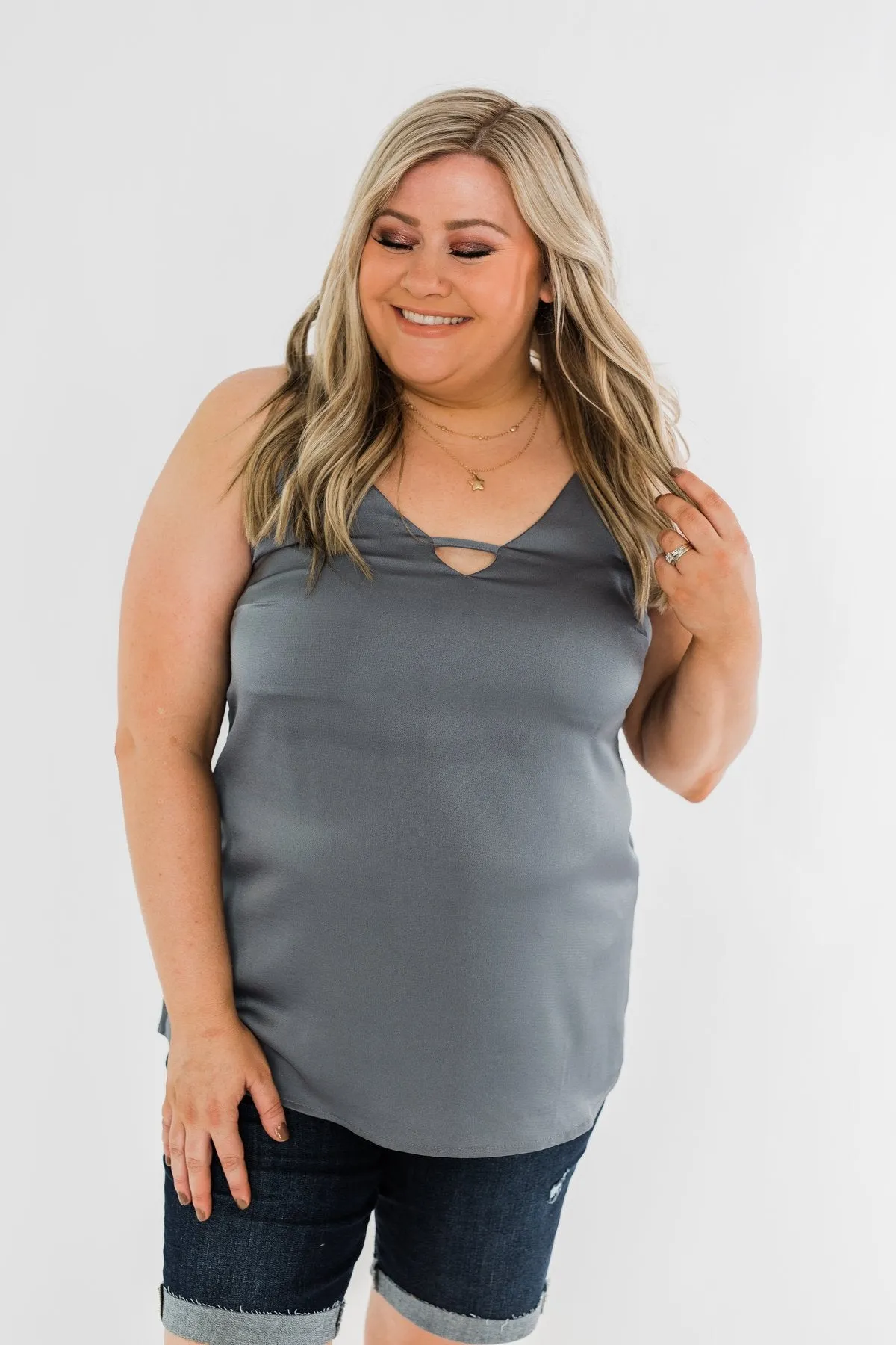 Lasting Love V-Neck Racerback Tank Top- Steel Grey