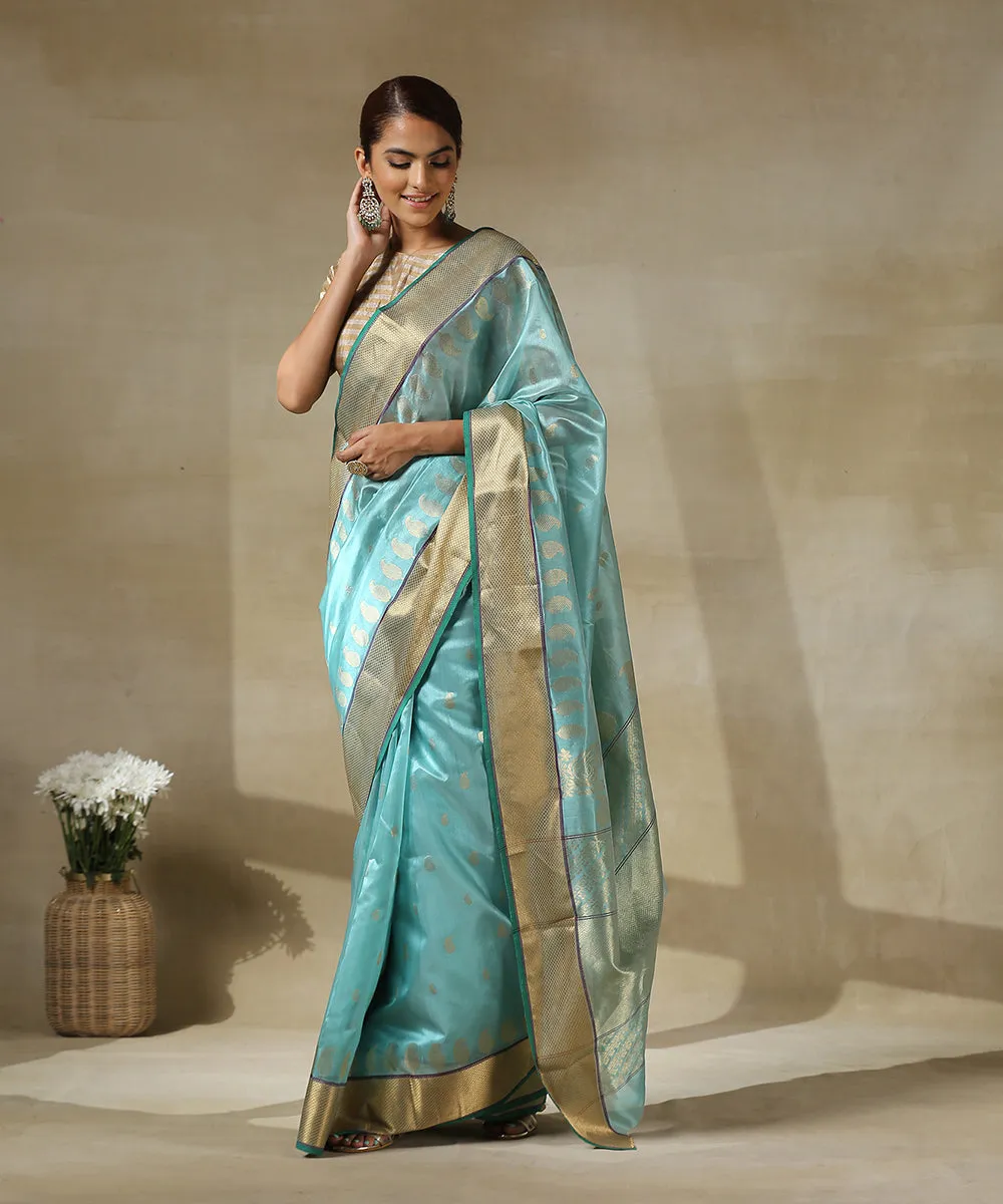 Light Blue Handloom Chanderi Silk Saree With Paisley Woven All Over And Paisley Border