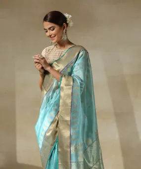 Light Blue Handloom Chanderi Silk Saree With Paisley Woven All Over And Paisley Border