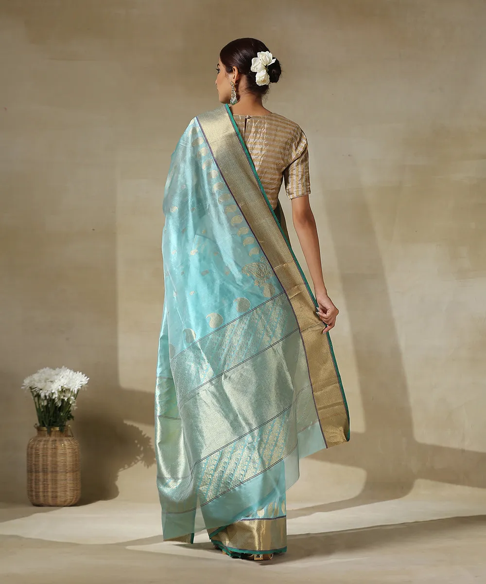 Light Blue Handloom Chanderi Silk Saree With Paisley Woven All Over And Paisley Border