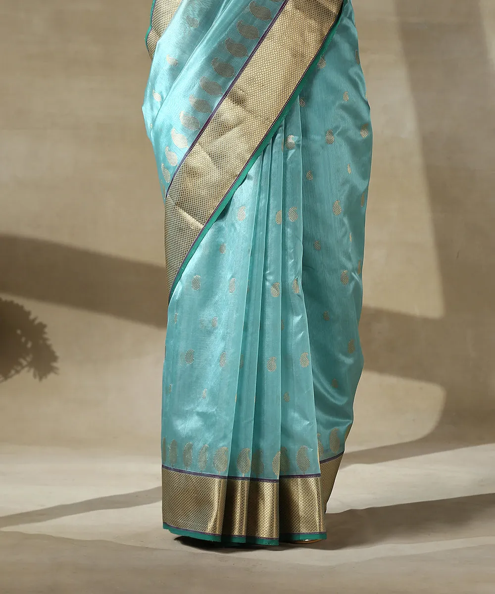 Light Blue Handloom Chanderi Silk Saree With Paisley Woven All Over And Paisley Border