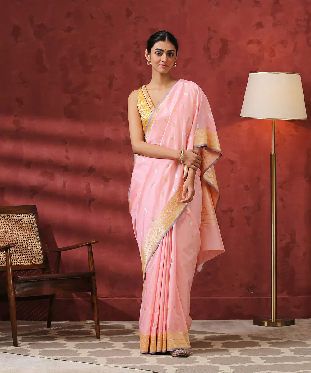 Light Pink Handloom Kadhwa Booti Pure Katan Silk Banarasi Saree